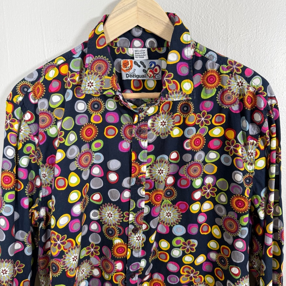 Desigual Multicolor Mandala Floral Print Button Up Shirt XL Boho Cotton Artsy